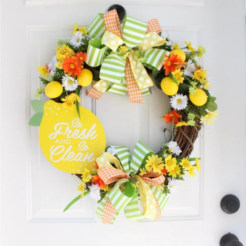 Summer Lemon Grapevine Welcome Wreath for Front Door, Citrus Decor for Home - Picture 5 of 12